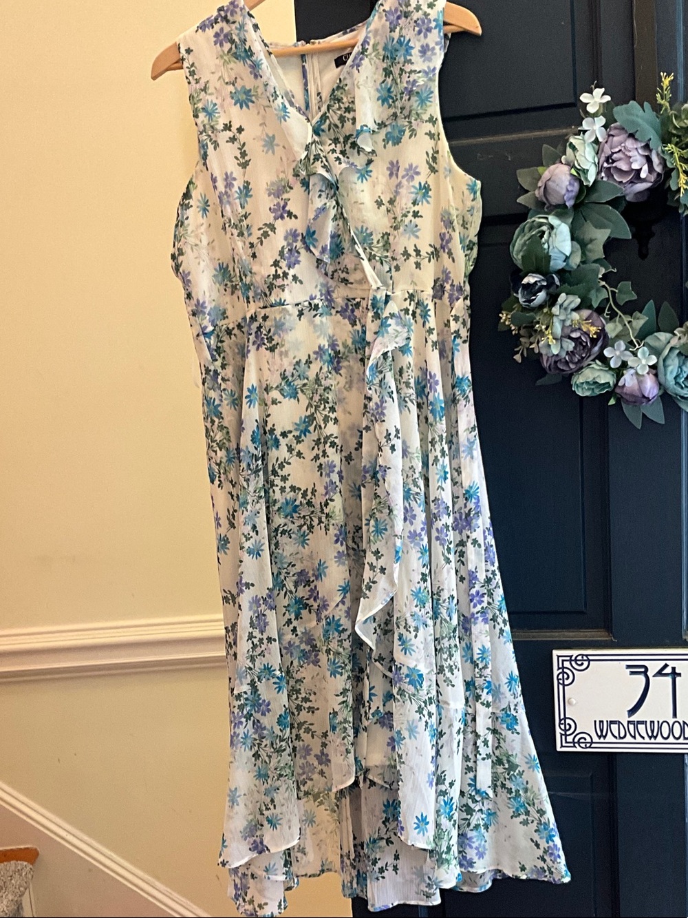 Chaps Cream Floral Ruffled Chiffon Dress with Blue & Purple Flowers